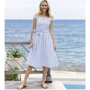 Draper James Off the Shoulder Midi Dress White Blue Striped Belted Sz 4